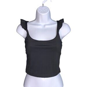 Blogilates Womens Black Cropped Ruffle Strap Tank Top Scoop Neck Size XS